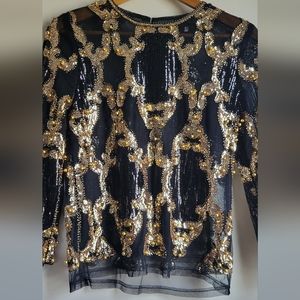 Black mesh gold sequin beaded top size s/m